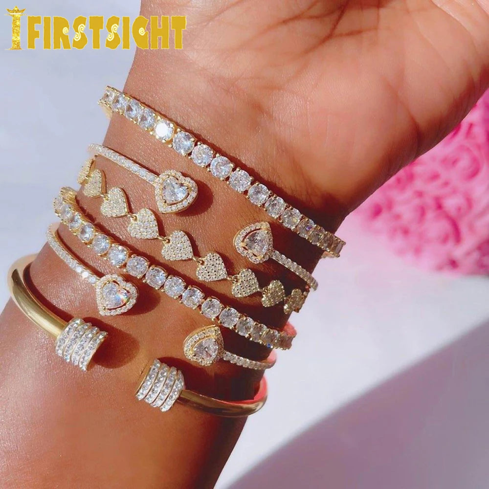 New Iced Out Bling Opened Heart Charm Bracelet Gold Silver Color AAA CZ Hearts Bangle For Women Luxury Jewelry