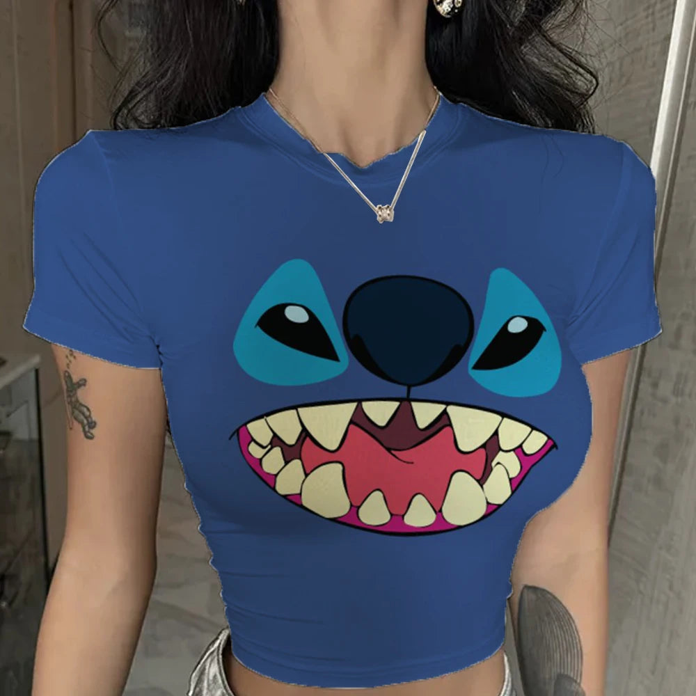 Women Lilo & Stitch Women T-Shirt Slim Crop Top Cartoon Casual Tee Y2k Top Streetwear Sexy Tops Short Navel Female Clothes